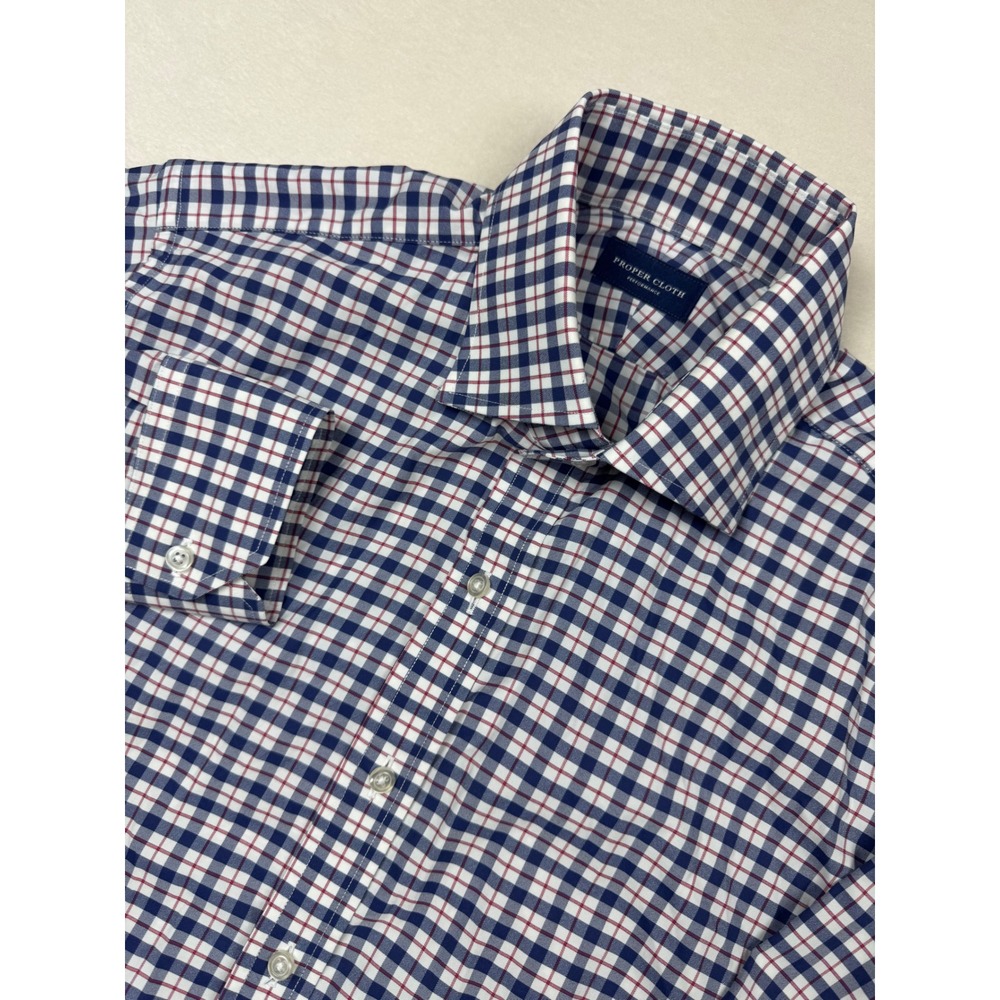Proper Cloth Performance Dress Shirt M 16-35 Blue Red Plaid‎ Stretch Nylon